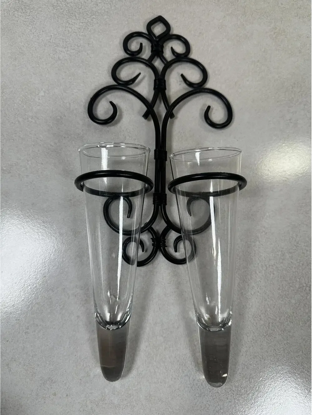 Black Wrought Iron Wall-Mounted Sconces Two Conical Glass Vases Farm Cottagecore